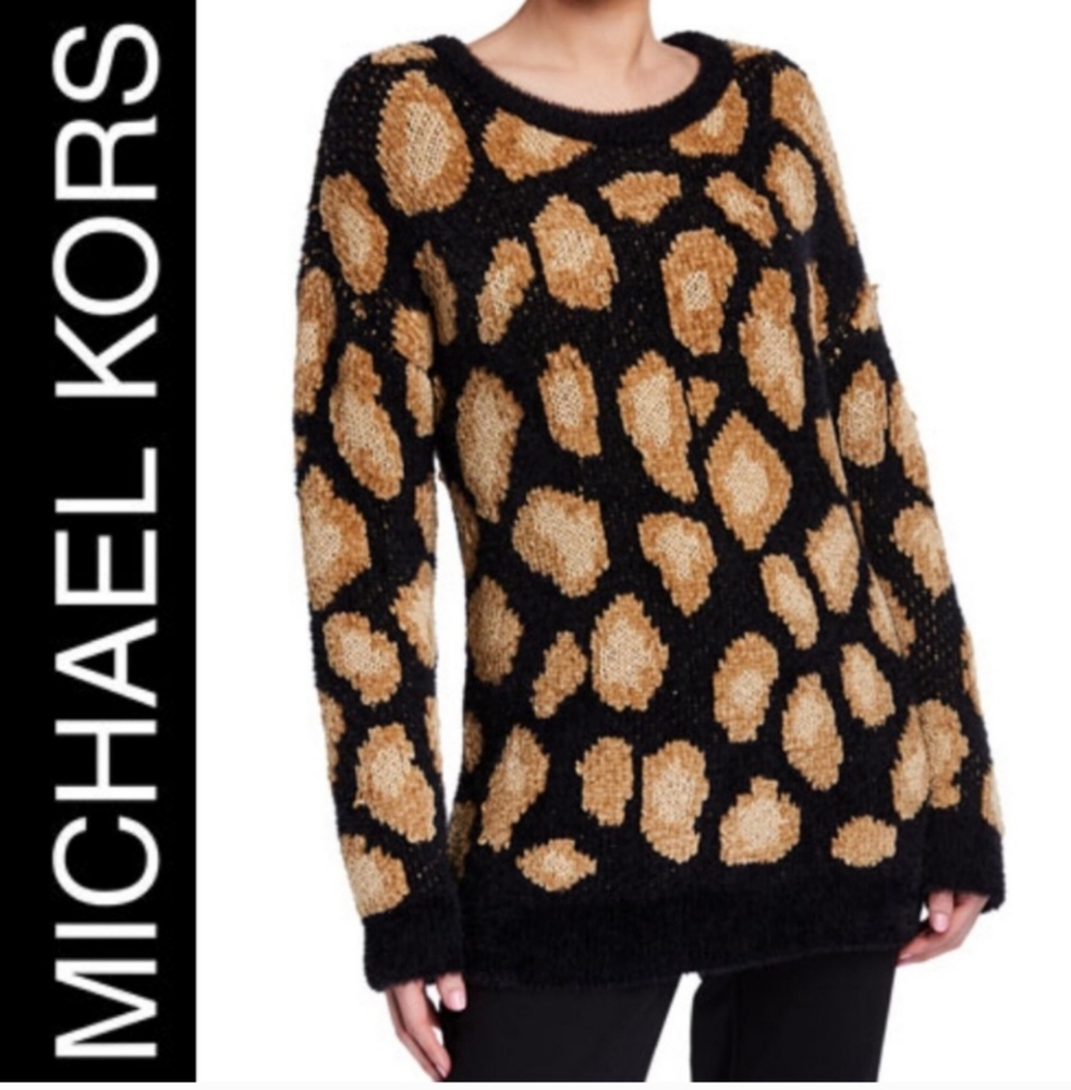 Michael Kors Crewneck Sweater Black/Gold Leopard Print Size Large NWT